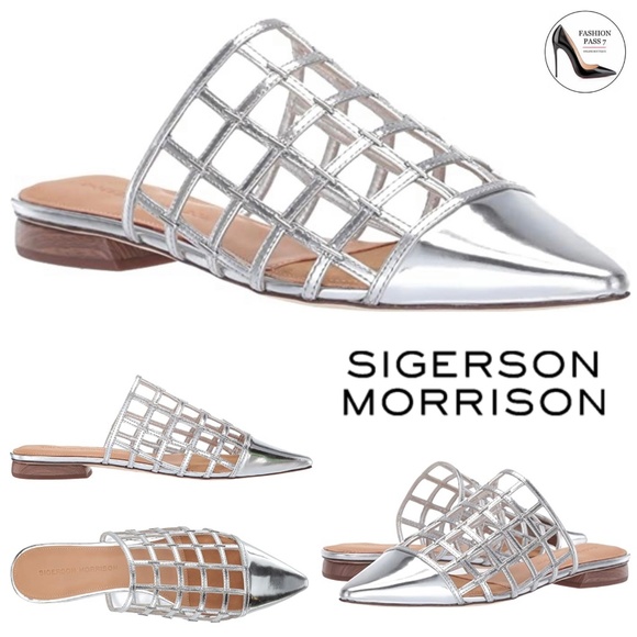 SIGERSON MORRISON Eddi caged mirrored silver leather mules flat heel sandals 37 - Picture 1 of 11